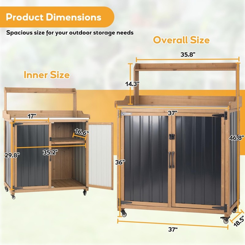 PETSCOSSET Potting Bench Table & Outdoor Storage Cabinet with Lockable Wheels gallery