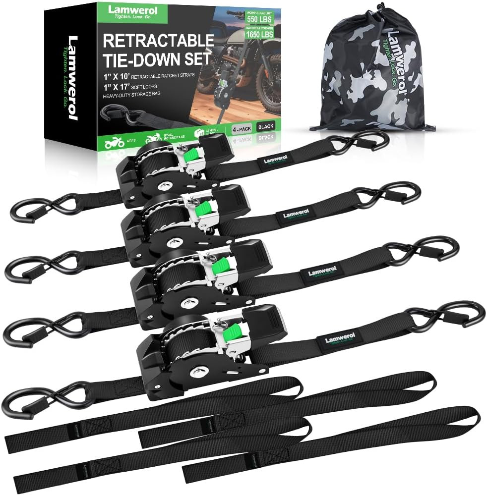 Retractable Ratchet Straps (4-Pack) - 1 Inch X 10 Feet (1,650Lb Break Strength)