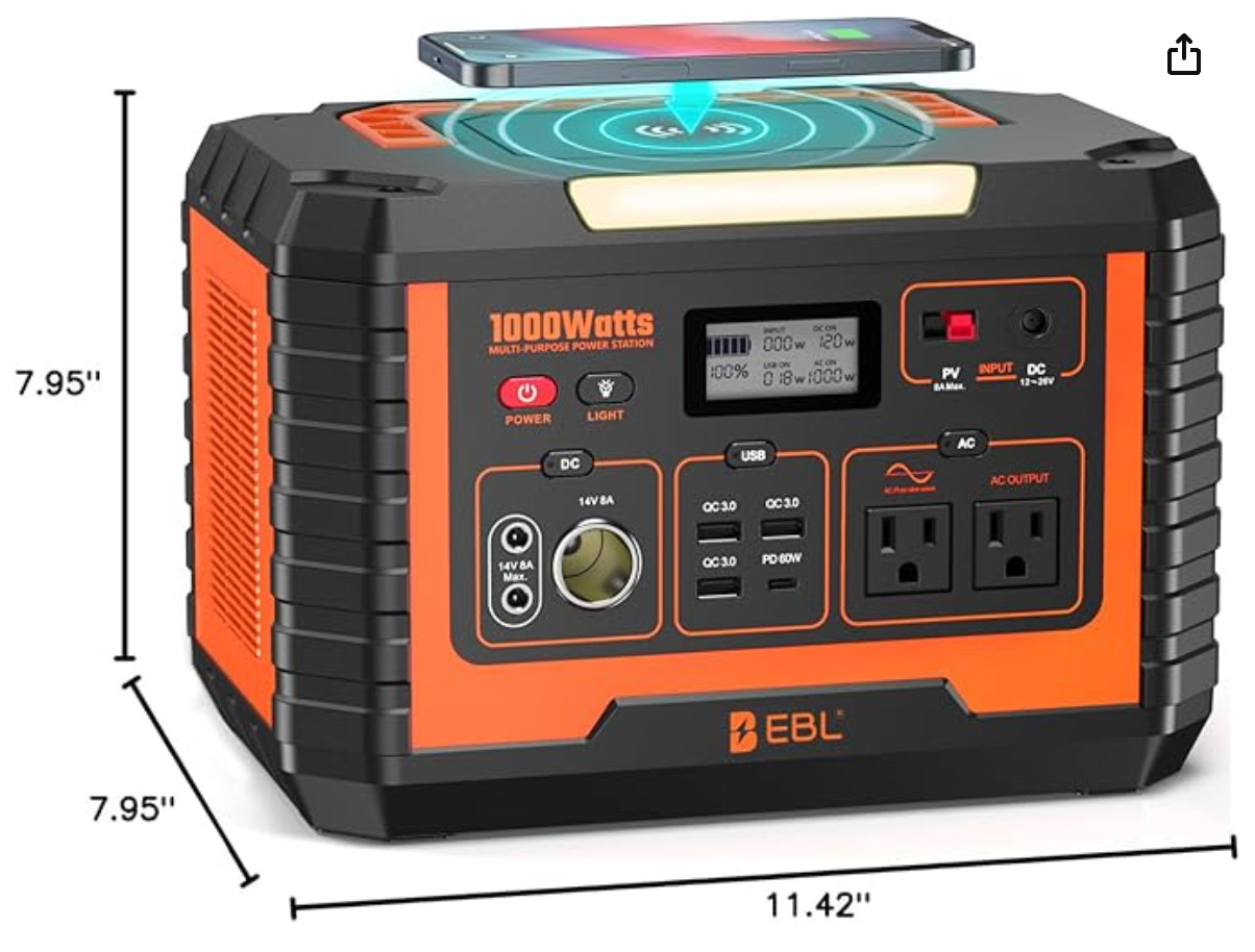 EBL Portable Power Station 1000W, 999Wh Solar Generator 2000W Peak, AC/Wireless gallery