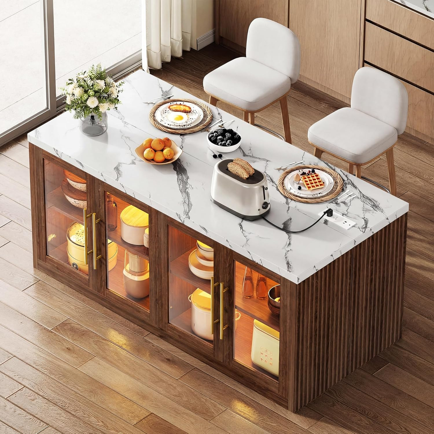 Kitchen Island with Storage, 55" W Large Island Table with LED Light for Dining gallery