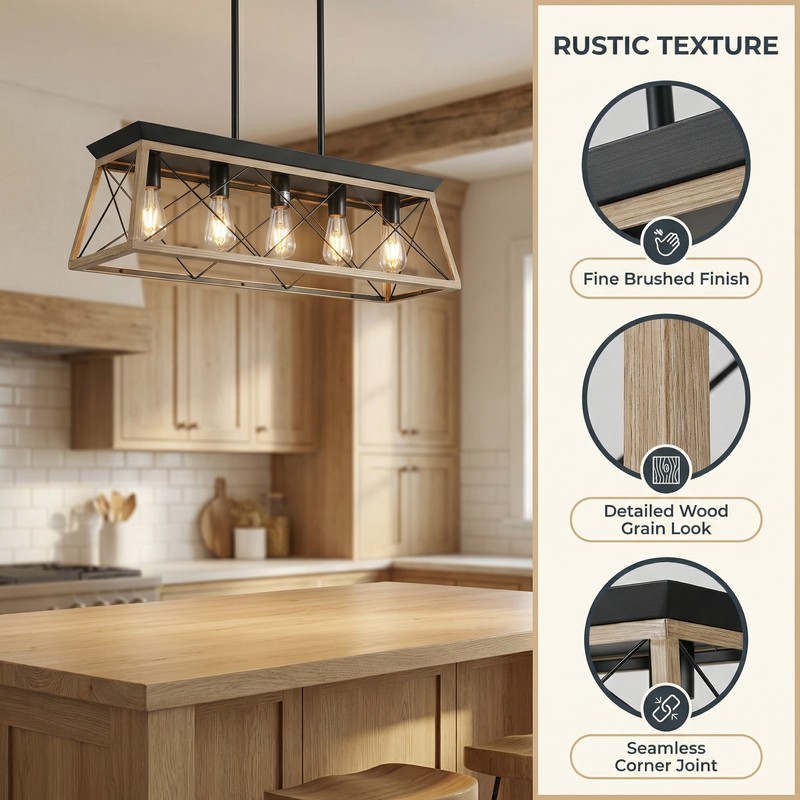 32'' Pendant 5 Light Rustic Farmhouse Chandelier Living Room Metal Oak Fixture gallery