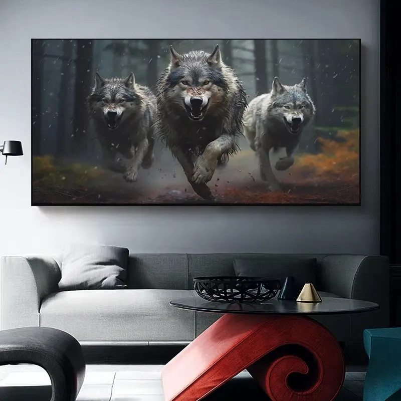 Three Wolf Running Howl Wildlife Canvas Paintings Prints Wall Art Picture gallery