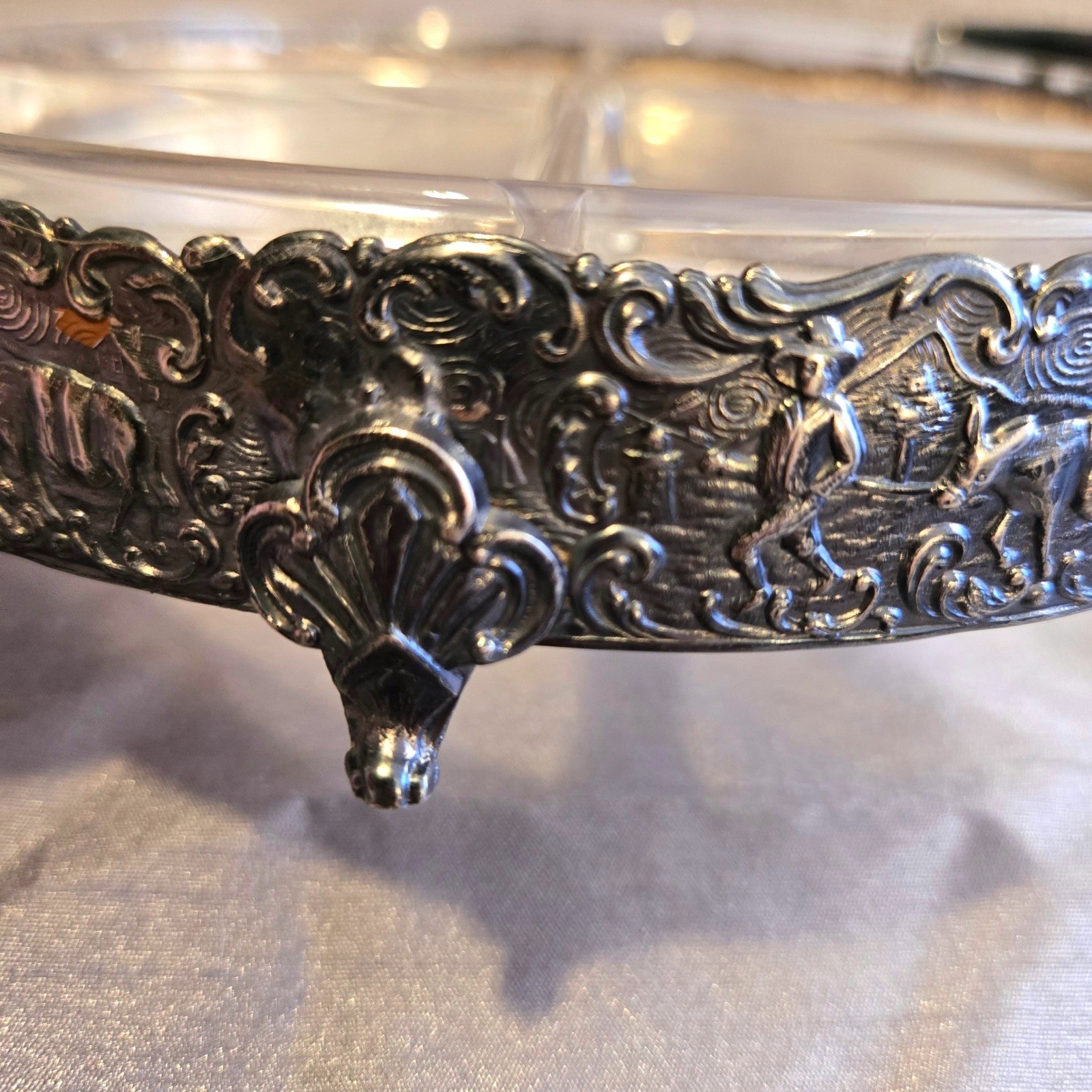 Holland Ware Vtg Silver Plate Divided Footed Tray Glass Insert Dutch Scene gallery