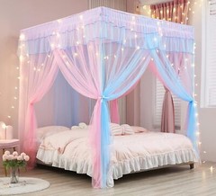 Rainbow Canopy Bed Curtains with Lights for Girls Princess Net Drapes Full Size