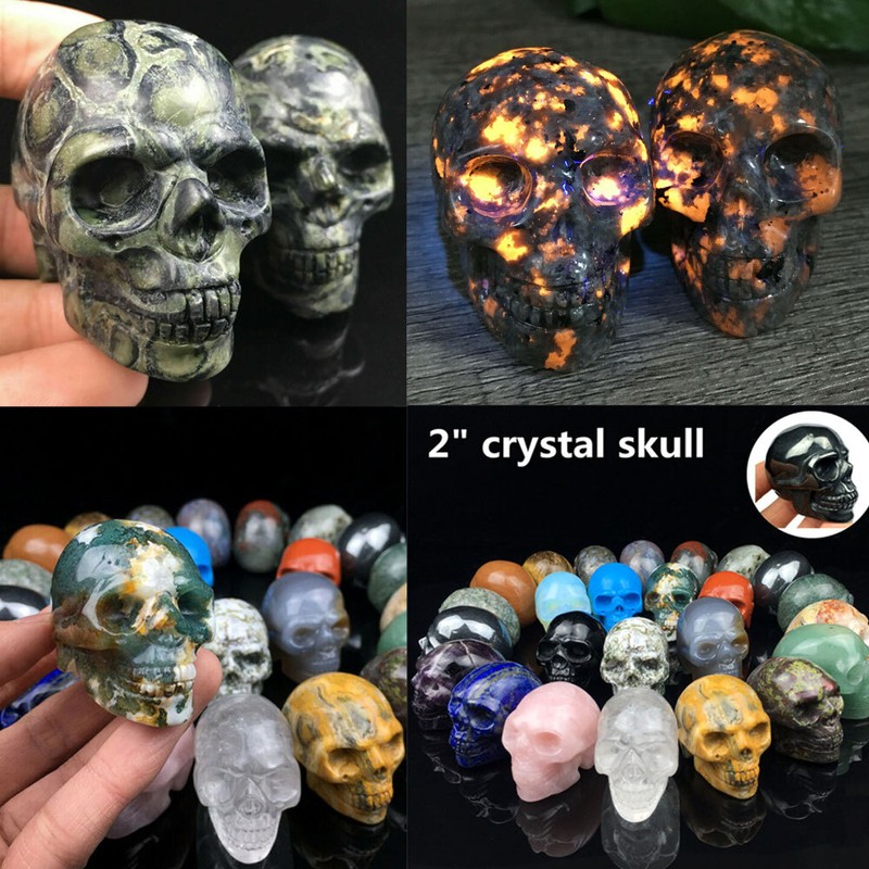 2" Natural Halloween Quartz Crystal Skull Carved Obsidian Amethyst Malachite 1pc gallery