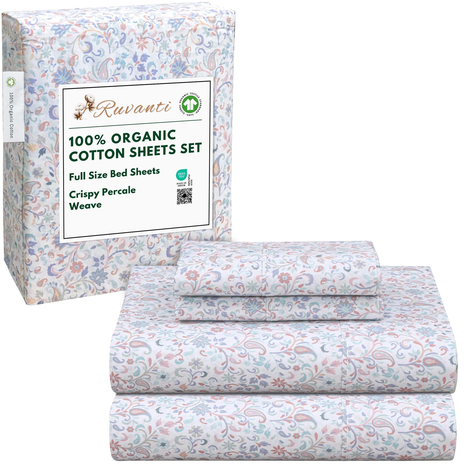 100% Organic Cotton Sheets Full Size, Percale Weave, GOTS Certified, 4-Piece ... gallery