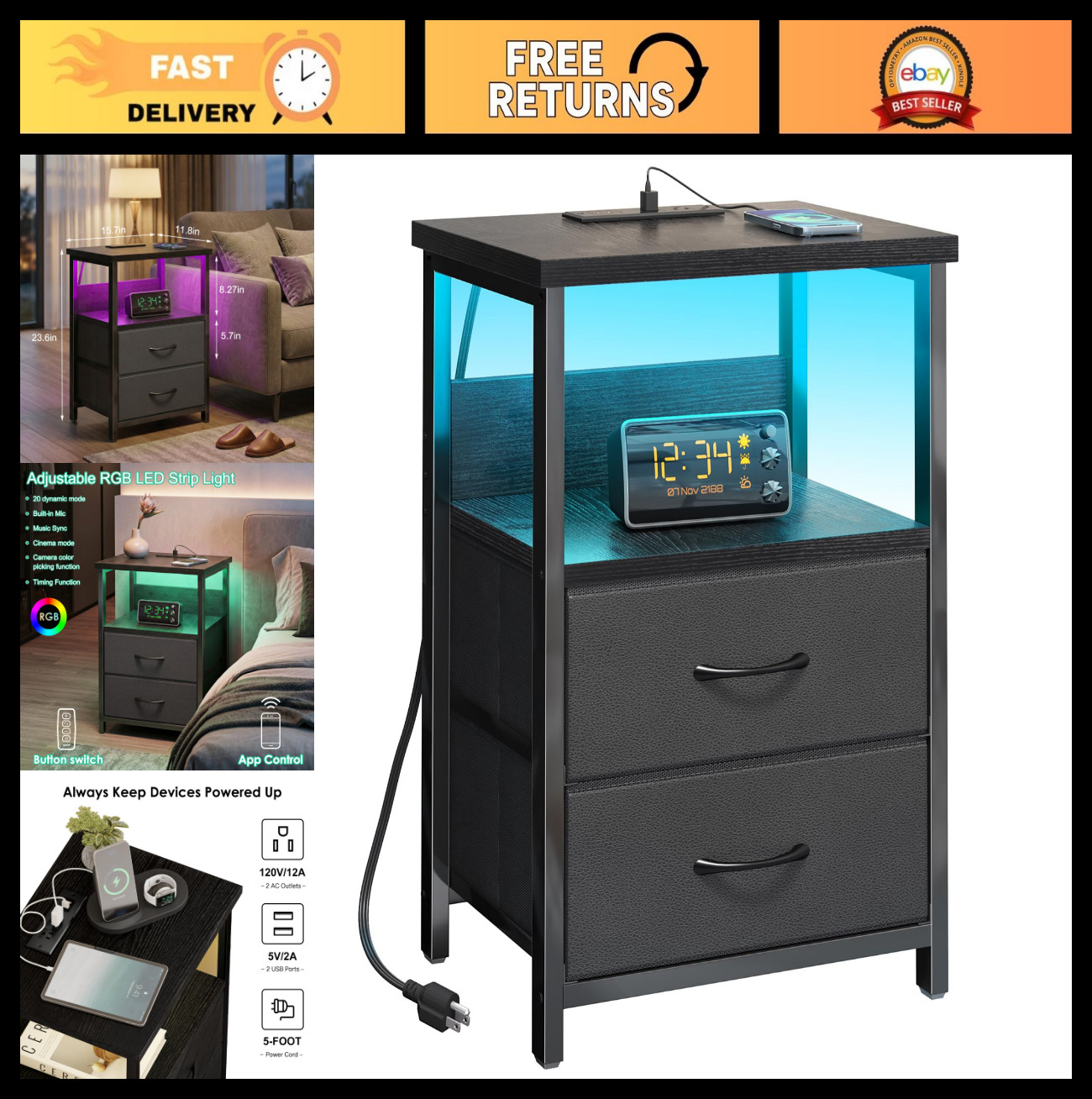 Modern Night Stand with Charging Station, LED Lights, USB Ports & 2 Drawers - Bl gallery