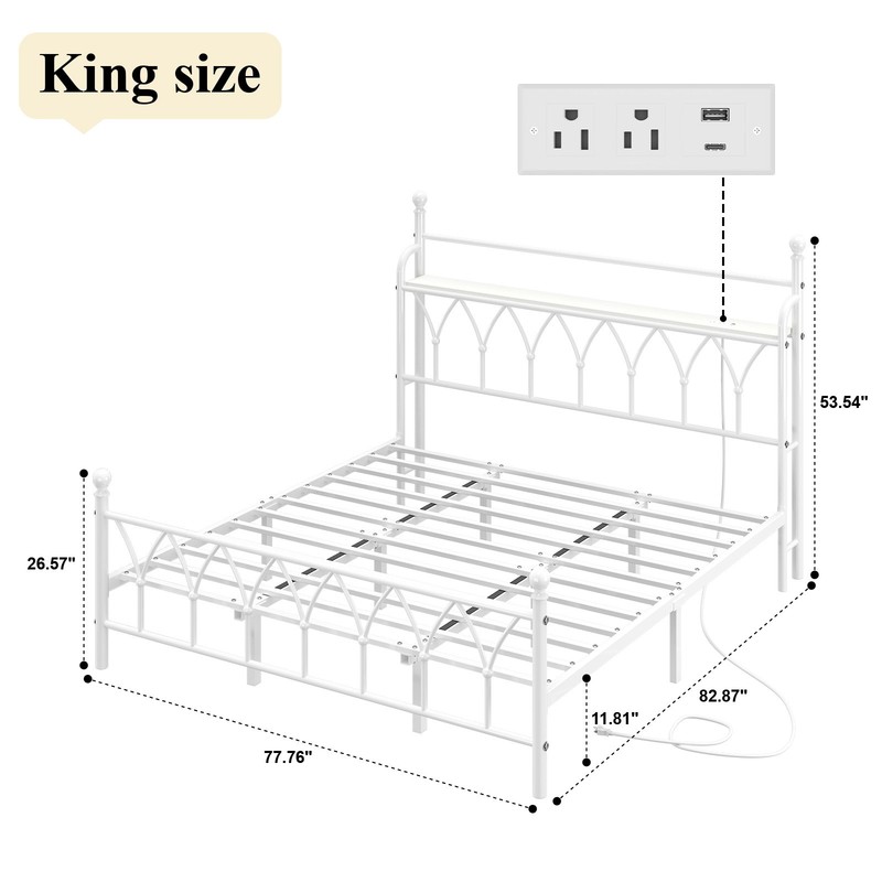 Queen Metal Bed Frame with Charging Station, Headboard storage space,LED Lights. gallery