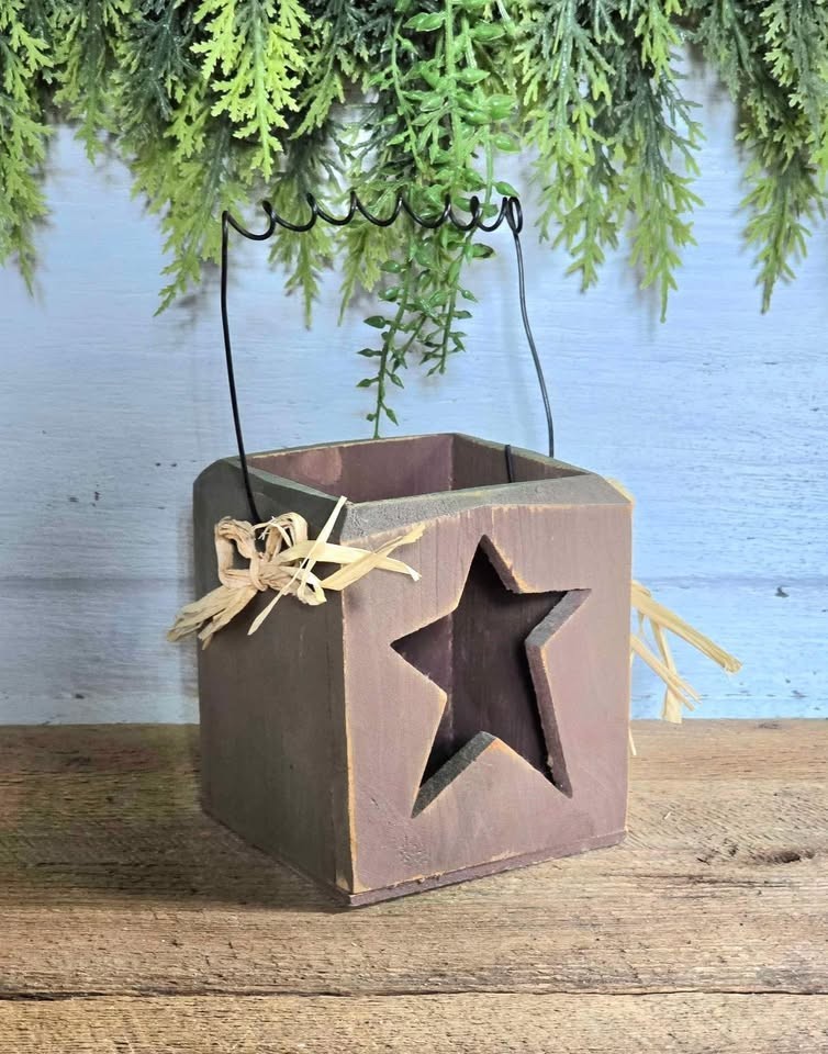Primitive Green Brown Distressed Wood Star Cutout Candle Holder Farmhouse Decor gallery