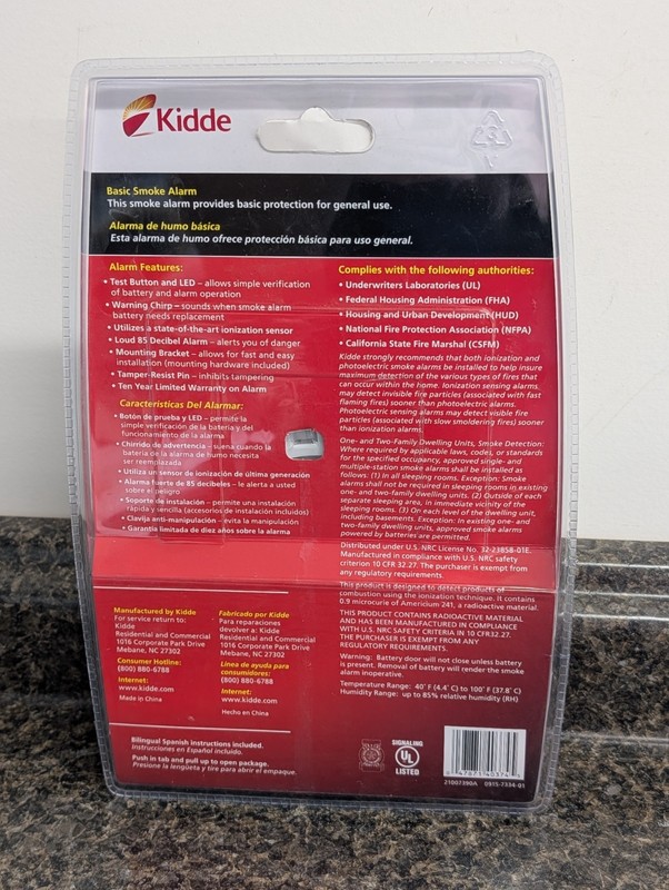 Kidde Model 0915 WITH 9 Volt BATTERY Basic Smoke Alarm Detector NEW! SEALED! gallery