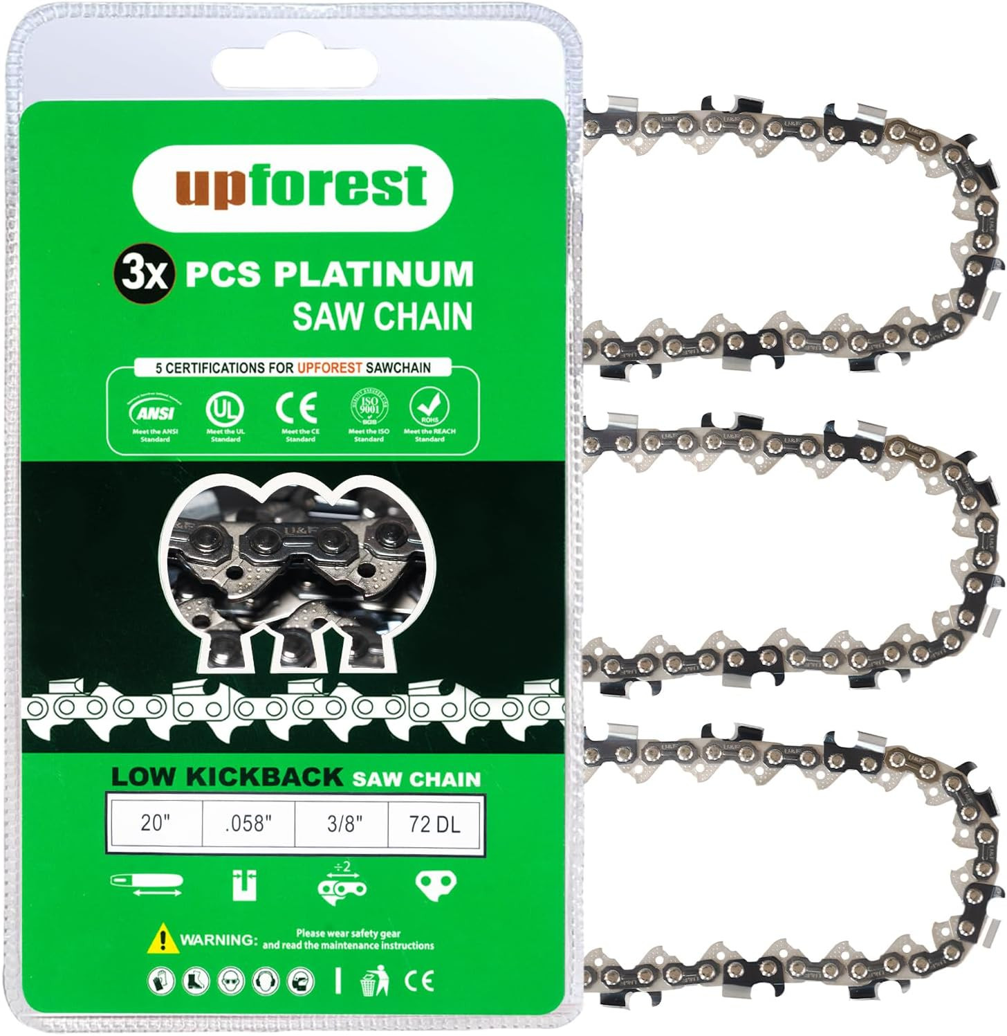 3 Pack Full Chisel Chainsaw Chain 20 Inch .058 Gauge, 3/8 Pitch,72 DL Fit for Hu gallery