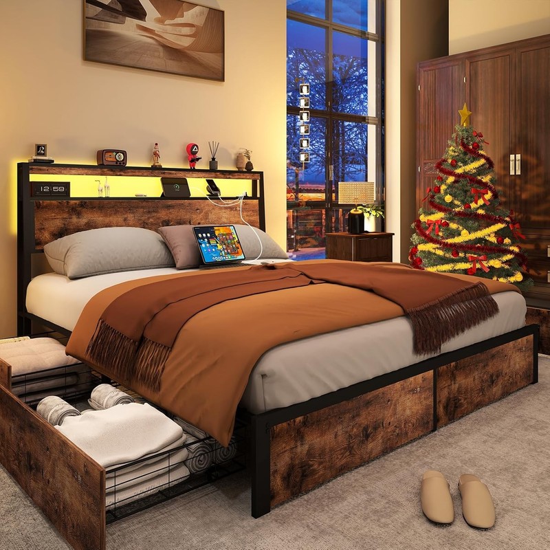 Full Queen Bed Frame with 4 Storage Drawers and Charging Station ＆ LED Lights gallery