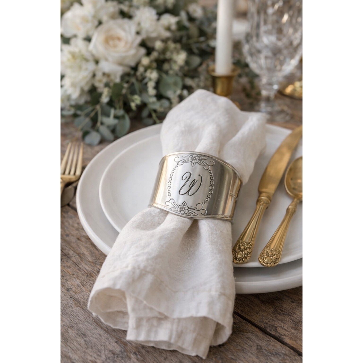 Customcraft Napkin Rings Set 4 Stainless Floral Monogram W Vintage gallery