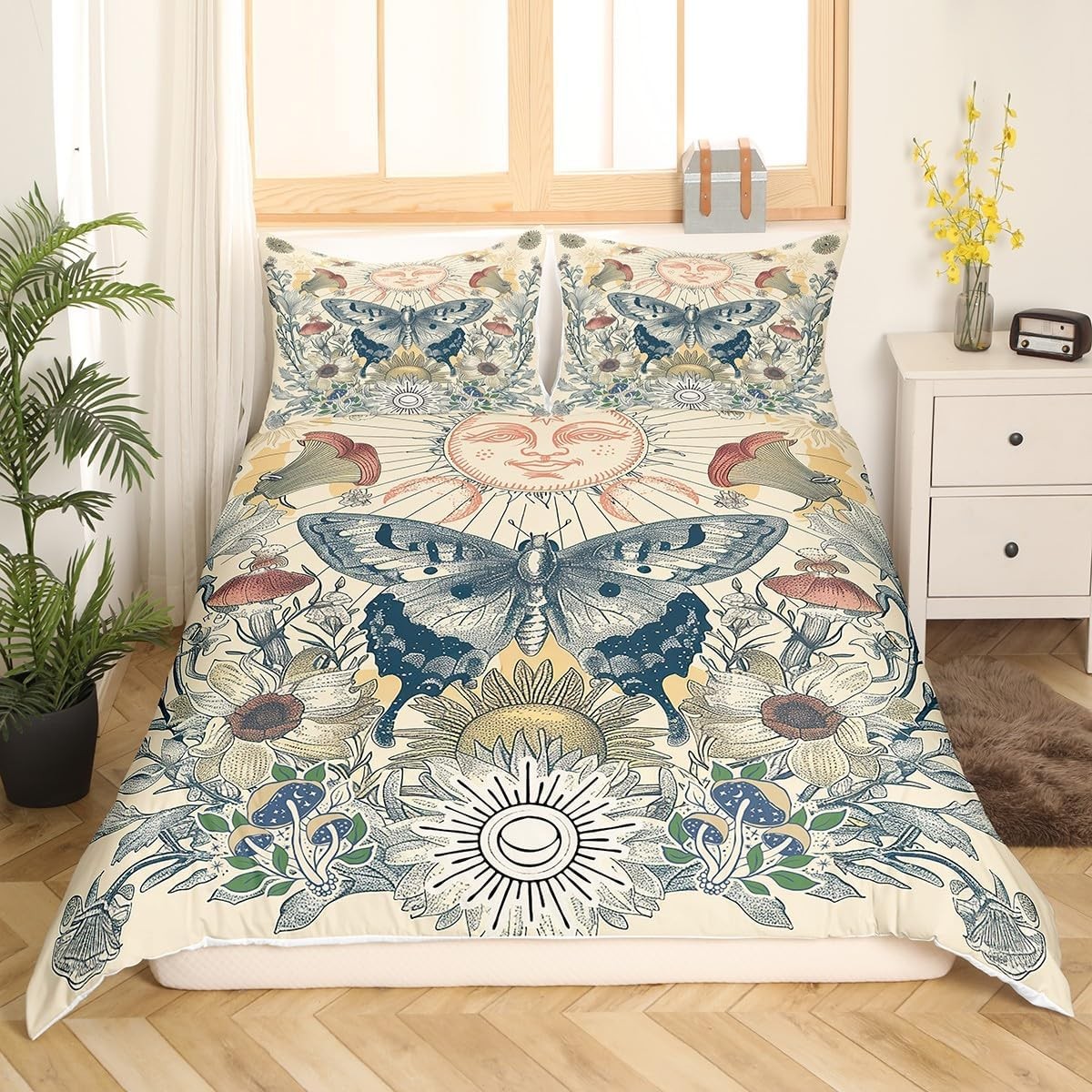 Hippie Butterfly Bedding Sets King Sun and Moon Comforter Cover, Groovy Floral gallery