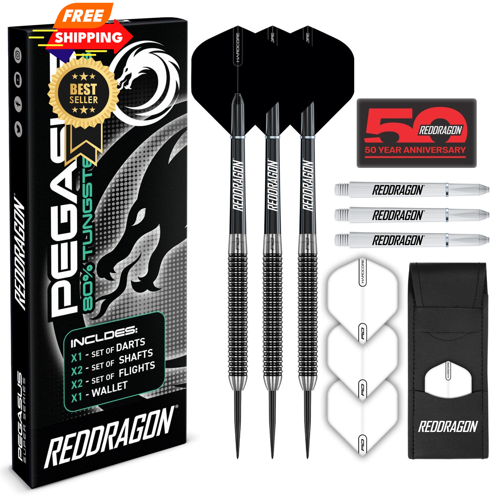 RED DRAGON Pegasus Tip Darts Set - 80% Tungsten Barrels for 22G, White gallery
