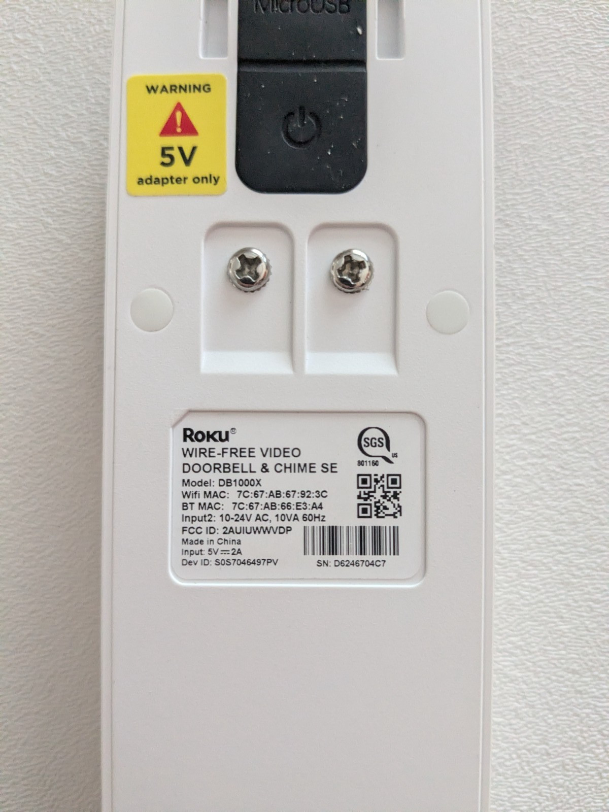 Roku Home Security Wire-Free Video Doorbell DB1000X Chime DB100CX Cord Tool Used gallery