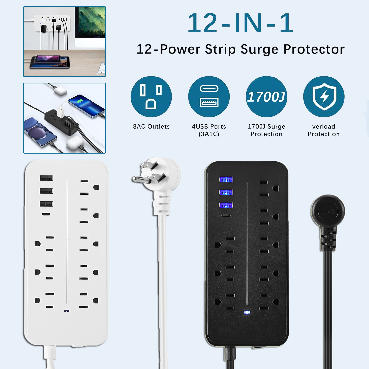 Wall Mountable Usb Surge Protector Power Strip With USB Ports 8 Outlet Plugs gallery