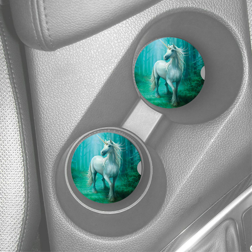 WHITE UNICORN TEAL BACKGROUND CUSTOM SANDSTONE CAR COASTERS ABSORBS SET (2) gallery