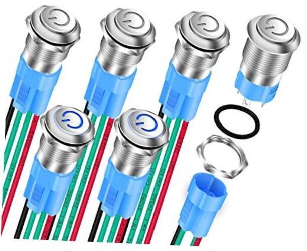 12mm Latching Push Button Switch 12V LED Blue Waterproof ON Off Silver gallery