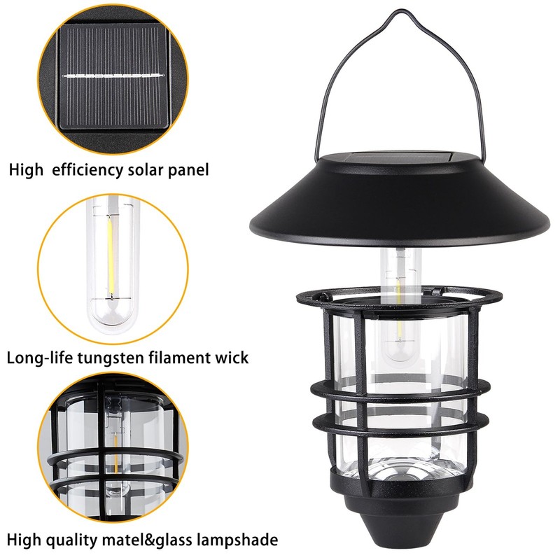 SOLAR LANTERN Hanging Wireless Lights Garden Porch Fence Black 2 Pack DERYNOME gallery