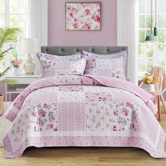 Patchwork Quilt Set Twin Size,2 Pieces Pink White Green Floral Plaid Reversib…