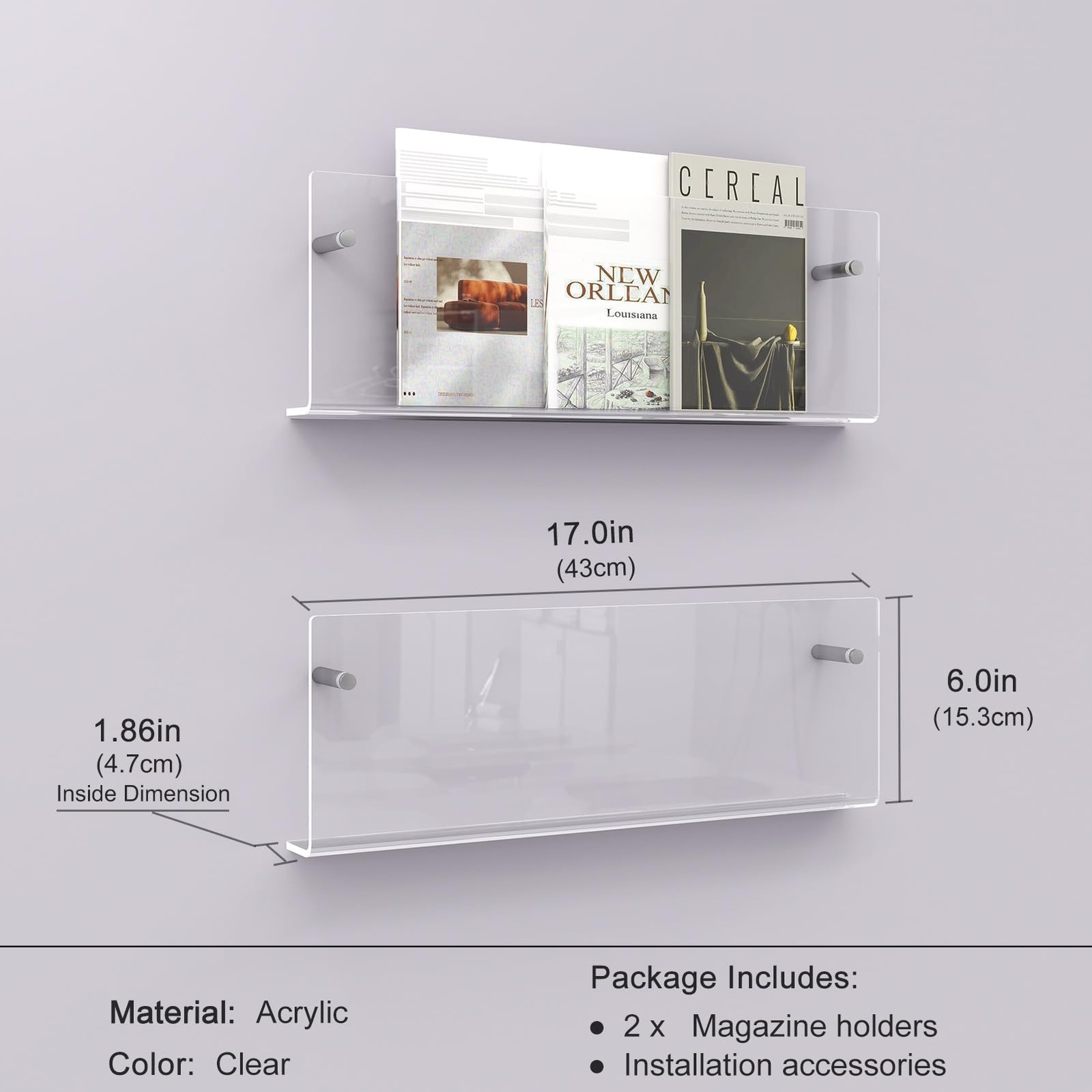 2 Pack 17 Inch Clear Acrylic Magazine Holder Wall Mounted Floating Bookshelf gallery