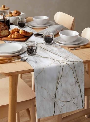 Marble Table Runner-Cotton Linen-Long 72 inche White Gray Gold Dresser Scarves,T gallery