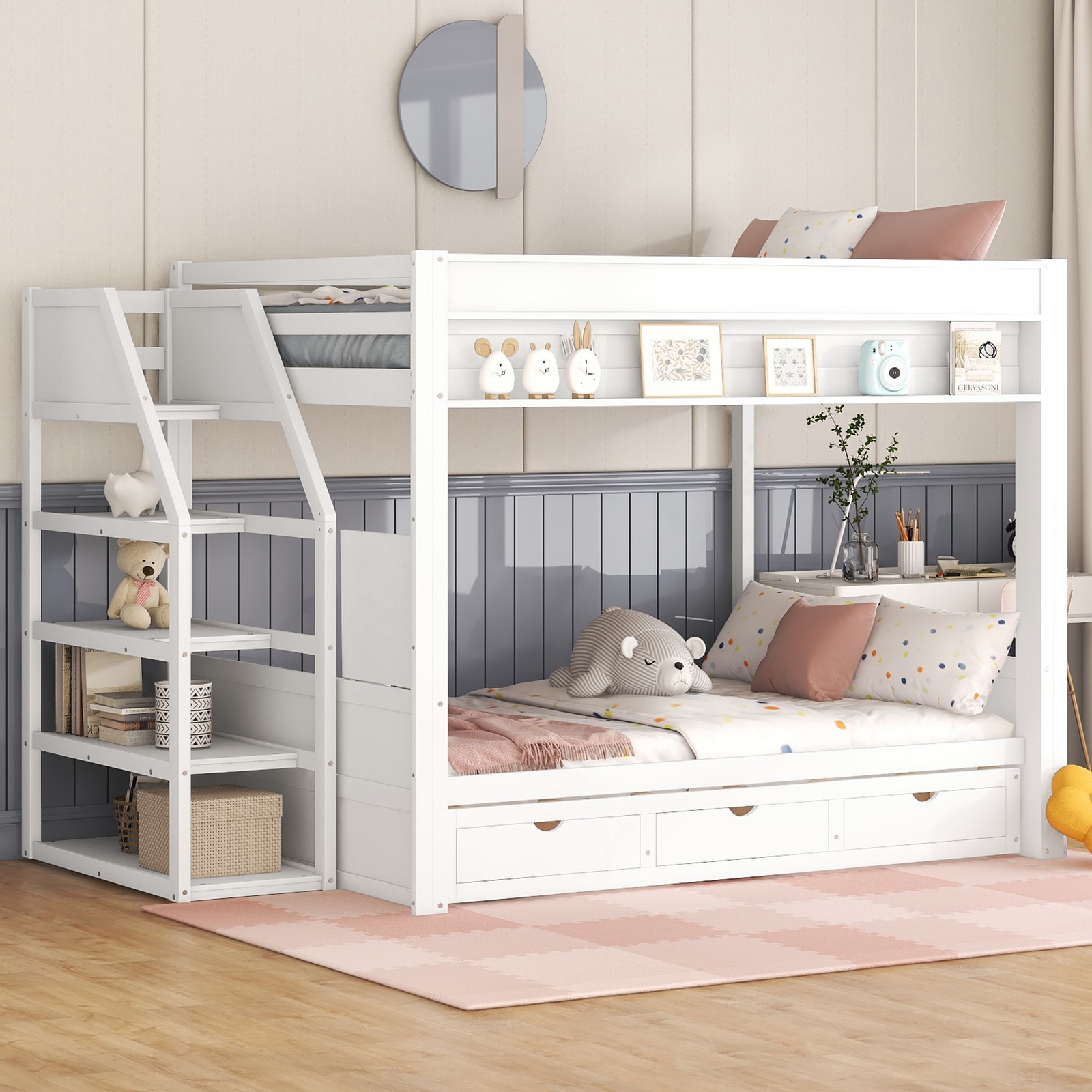Full Size Bunk Bed with Convertible Storage Staircase, & Underbed Drawers, White gallery