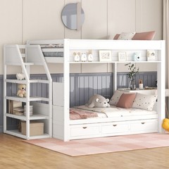 Full Size Bunk Bed with Convertible Storage Staircase, & Underbed Drawers, White