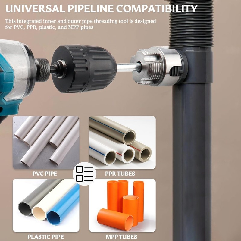 Integrated Internal & External Pipe Threading Tool Steel PVC Pipe Threader Kit gallery