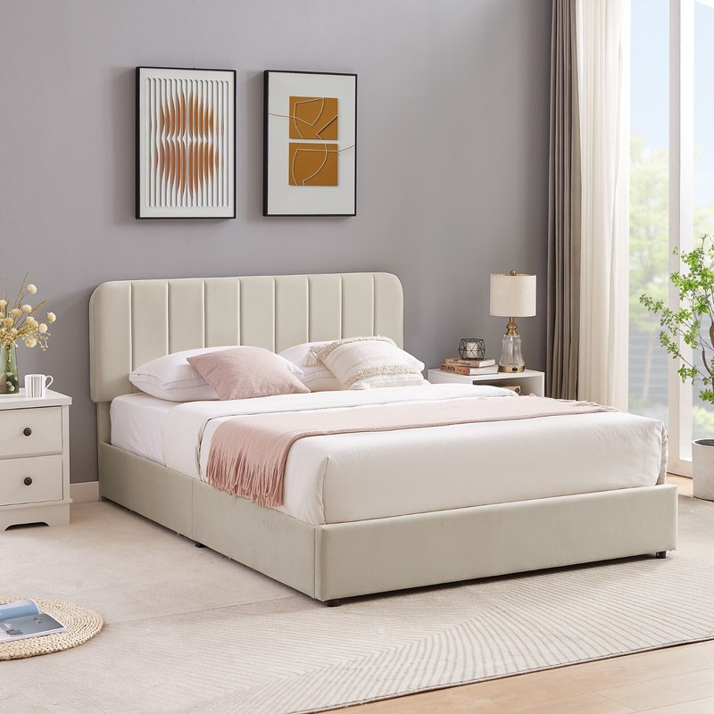 Full/Queen Upholstered Bed Frame w/ Headboard and 4 Storage Drawer Slats Support gallery