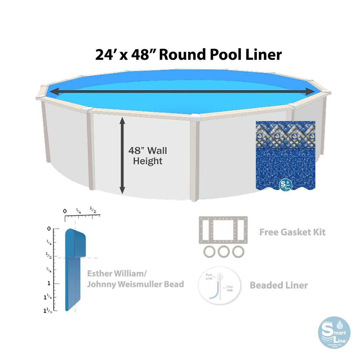 SmartLine 24' x 48" Round Liner Fits Esther Williams / Johnny Weismuller Pools gallery