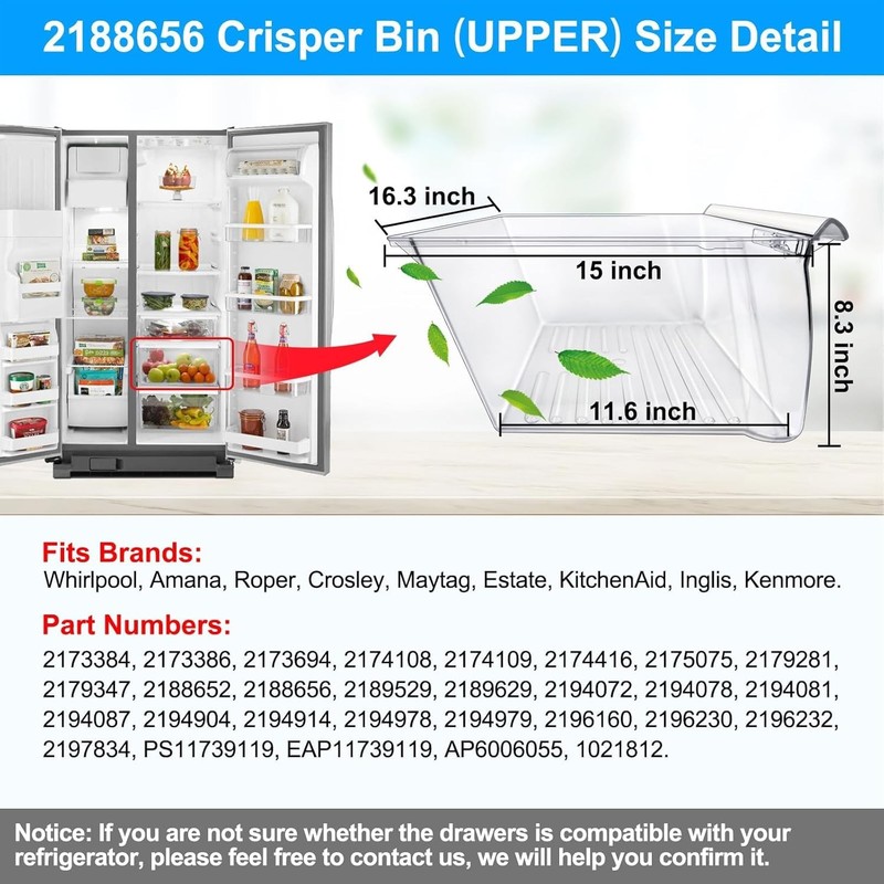 [2 Pack] 2188656 Fridge Crisper Bin UPPER & 2188664 Crisper Bin LOWER Replace gallery
