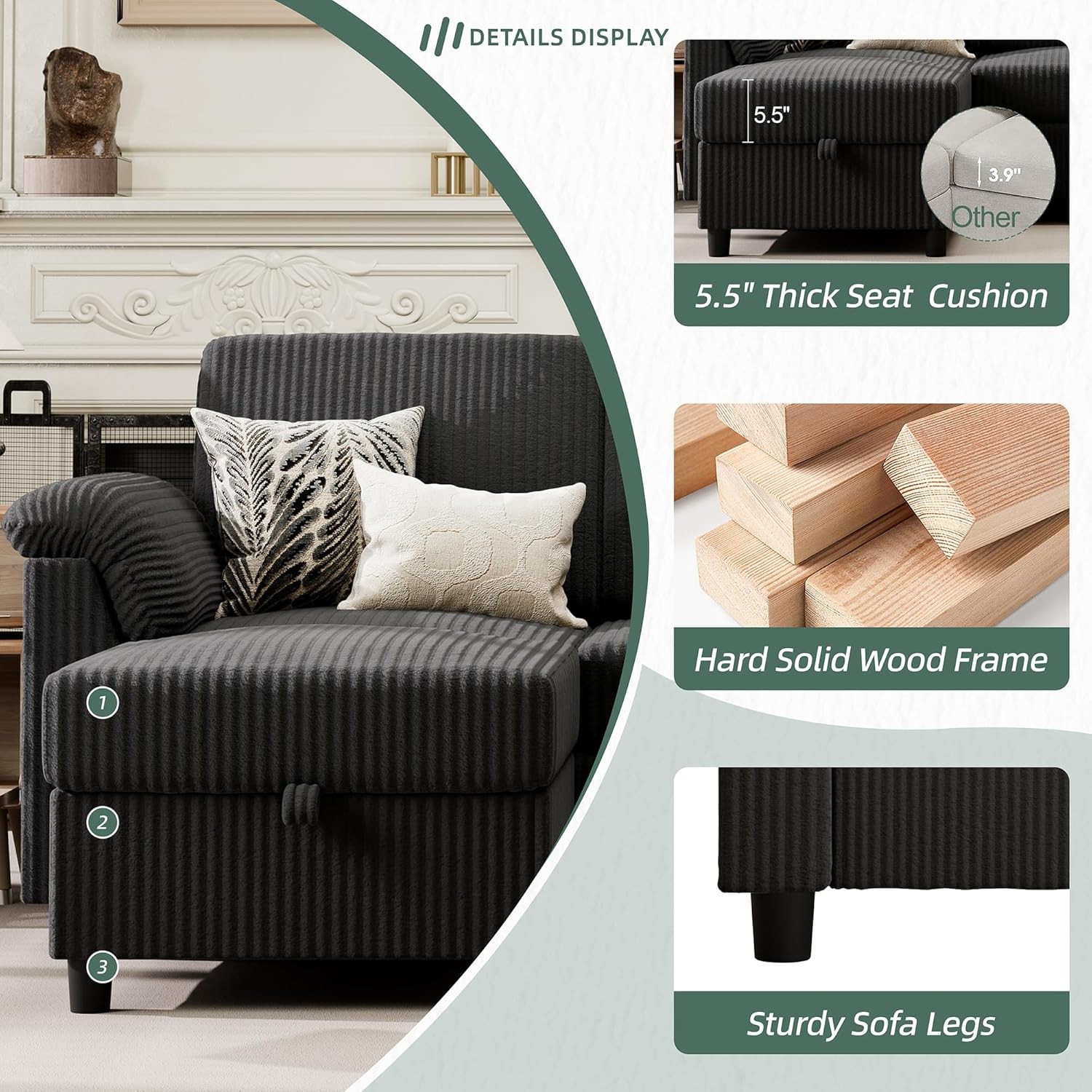 79" Convertible Sectional Couch Sofa with Storage Ottoman 3 Seat L Shaped Couch gallery