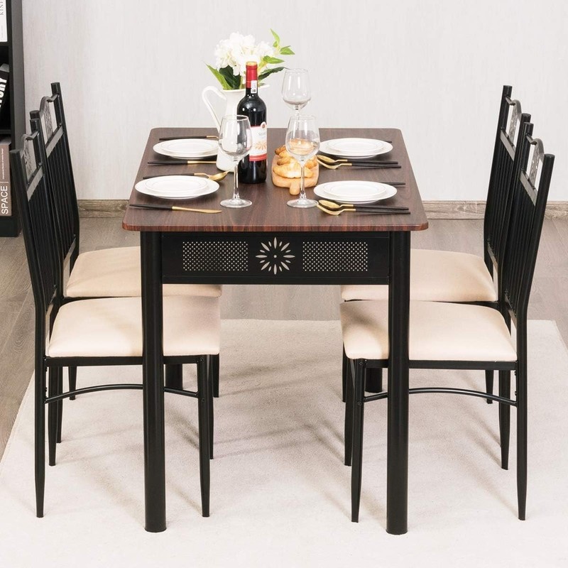 Sturdy Dining Table Set with Dark Brown Wood Top and Easy Assembly Instructions gallery