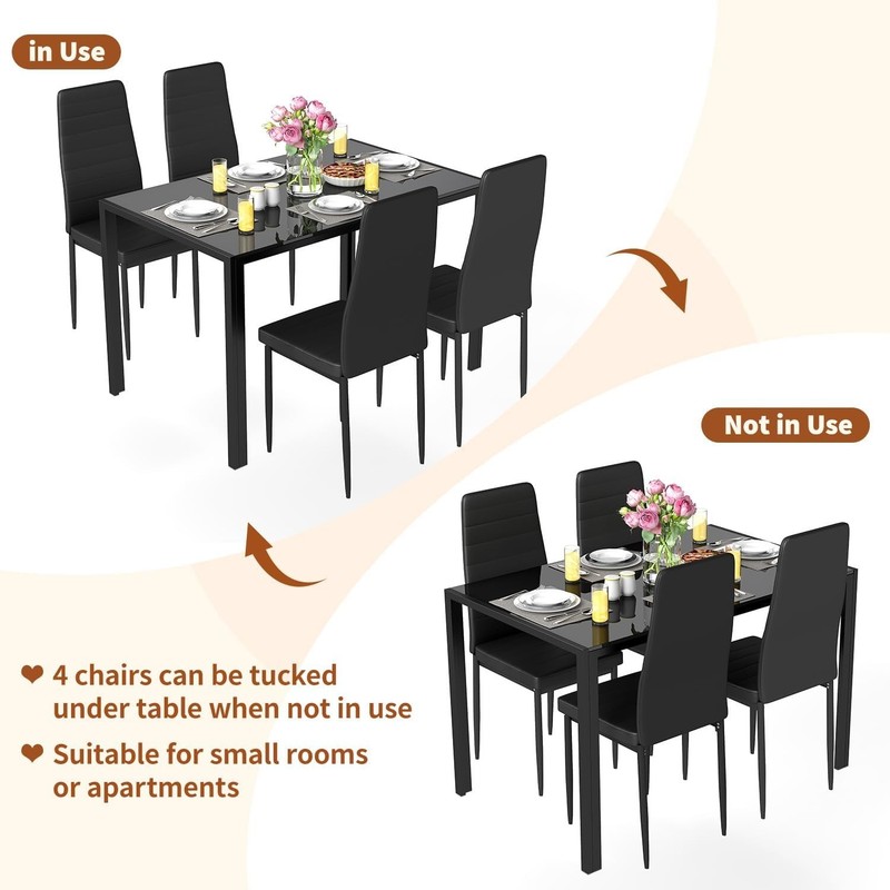 Dining Table Set for 4 | 5-Piece Glass Black Dining Table | Kitchen Table wit... gallery