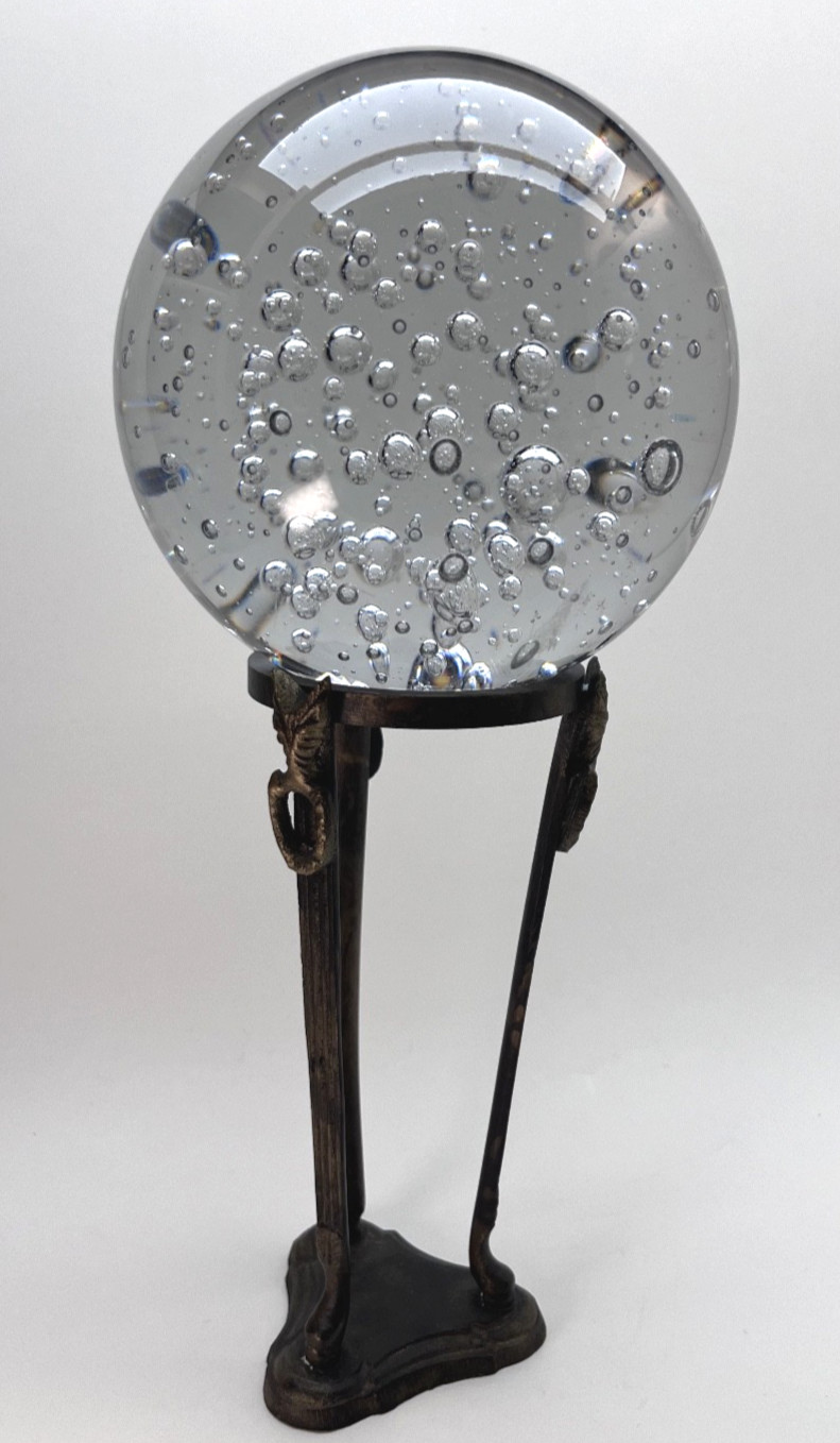 Clear Crystal Ball Sphere 5" w Bubble Inclusions on Bronze Stand, Vintage, Mint gallery