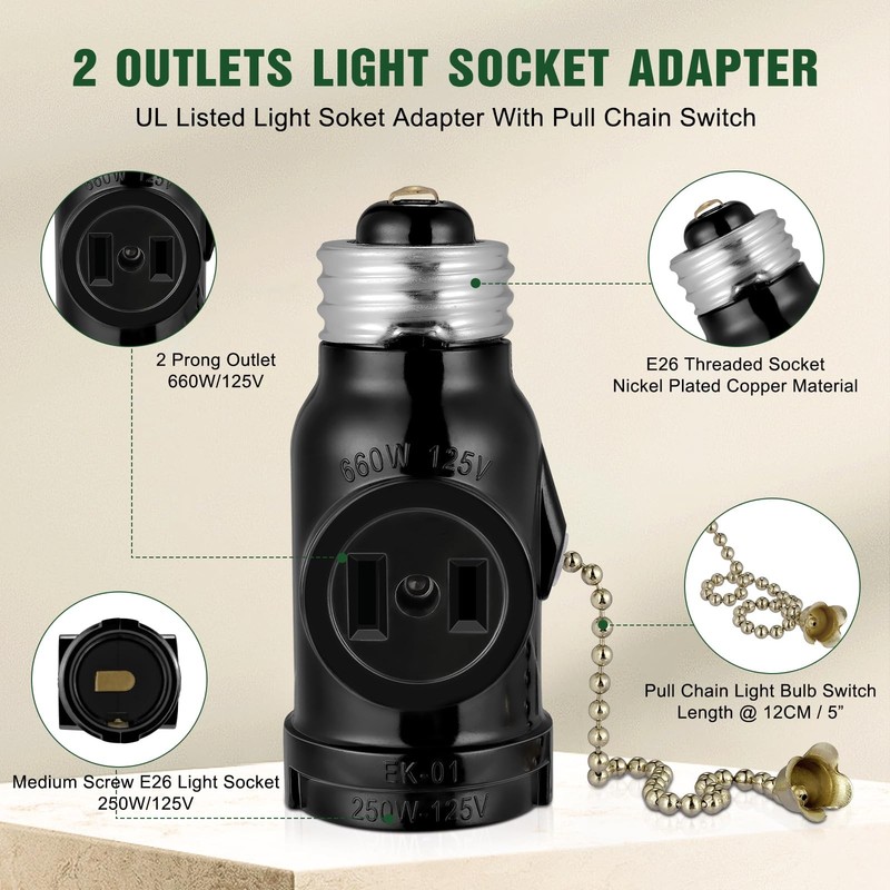2 Outlet Light Socket Adapter,E26 Bulb Socket to Outlet Splitter,Converts Med... gallery