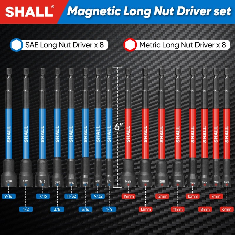 SHALL 16PCS Magnetic Nut Driver Set - 6" Long Nut Driver Set for Impact Drill gallery