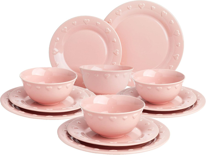 12-Piece Dinnerware Set, Embossed Hearts. Iconic Ceramic Stoneware Service for 4 gallery