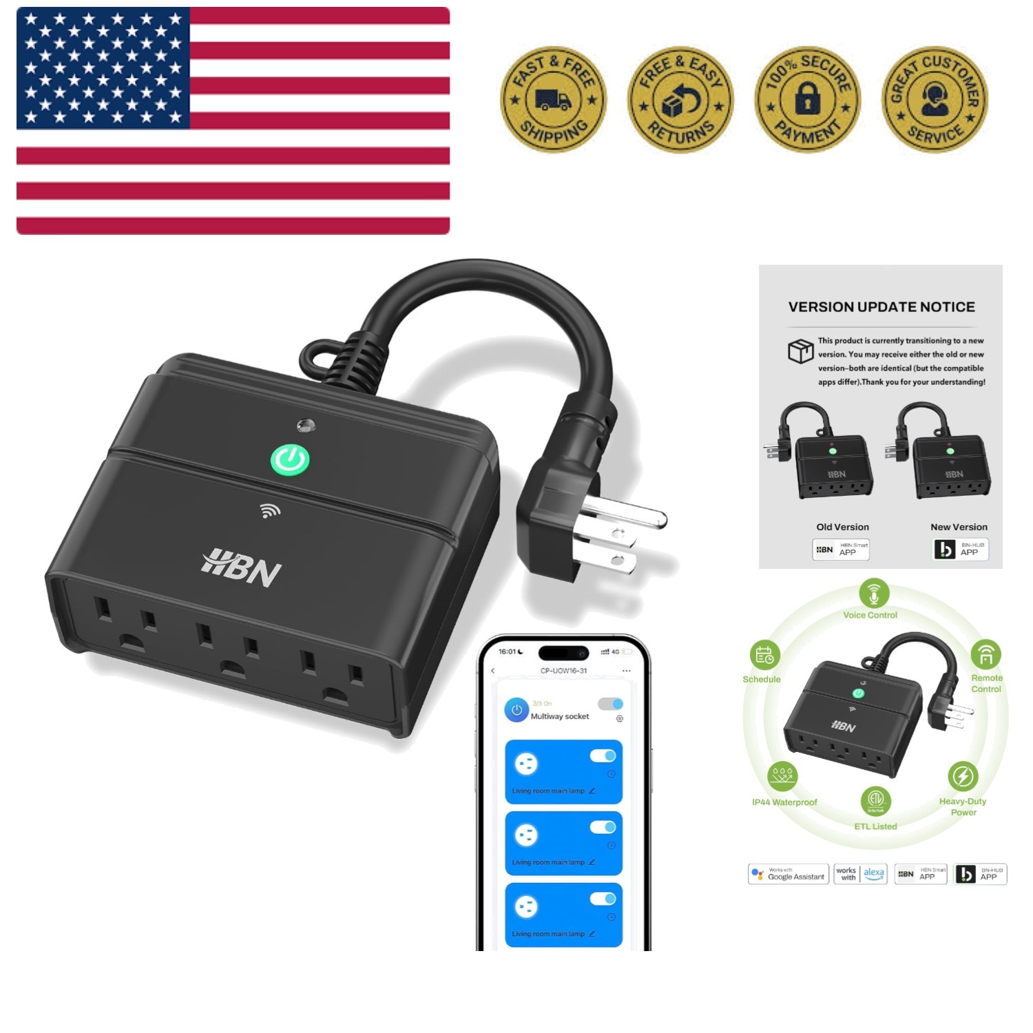 Outdoor Smart Plug,Wi-Fi & Bluetooth Heavy Duty Outlet with 3 Independent Out... gallery