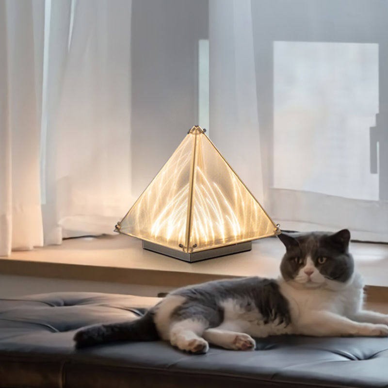 Pyramid Table Lamp Stainless Steel Frame Tempered Glass Shade Modern Art Decor gallery