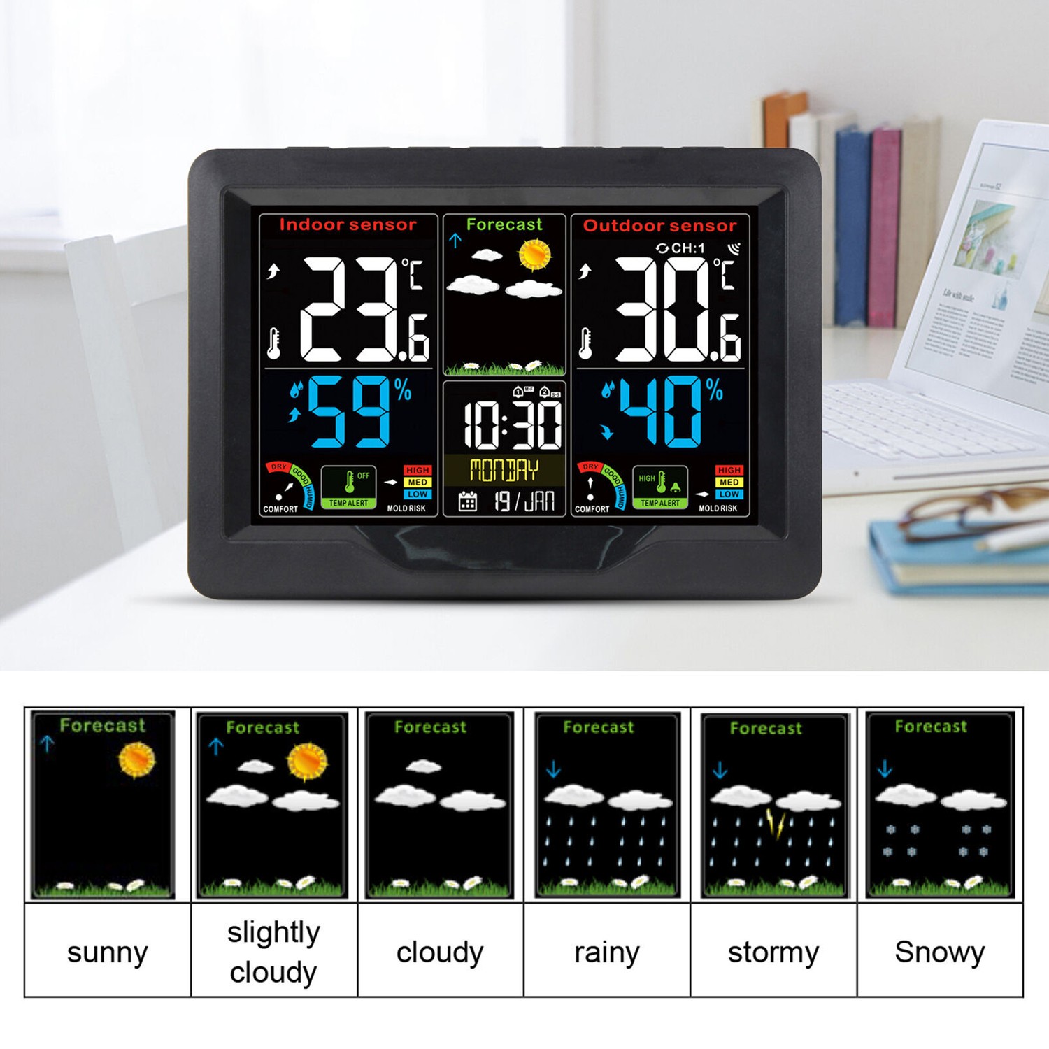Indoor & Outdoor Weather Station Clock Calendar Digital LCD Thermometer Wireless gallery