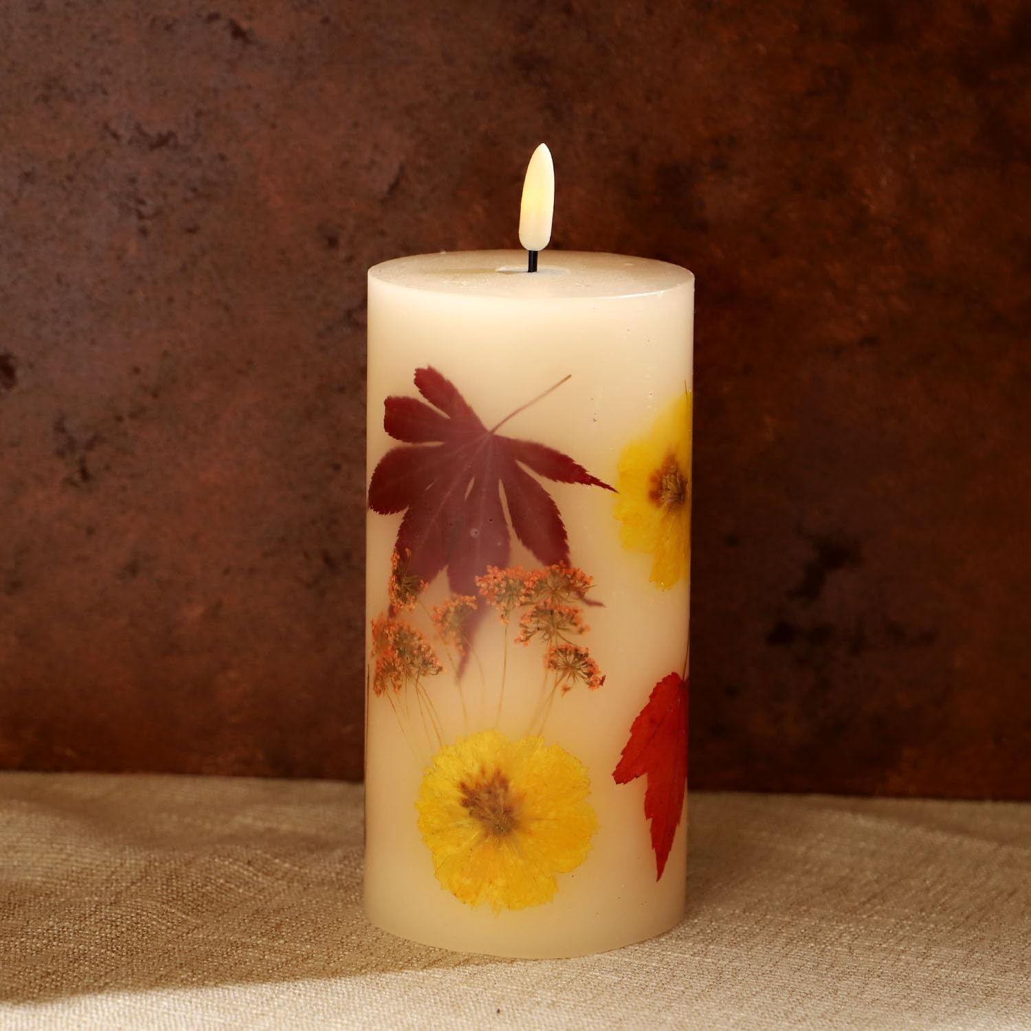 Fall Flameless Candles with Real Maple Leaf & Marigold Embedded Pillar Candle... gallery