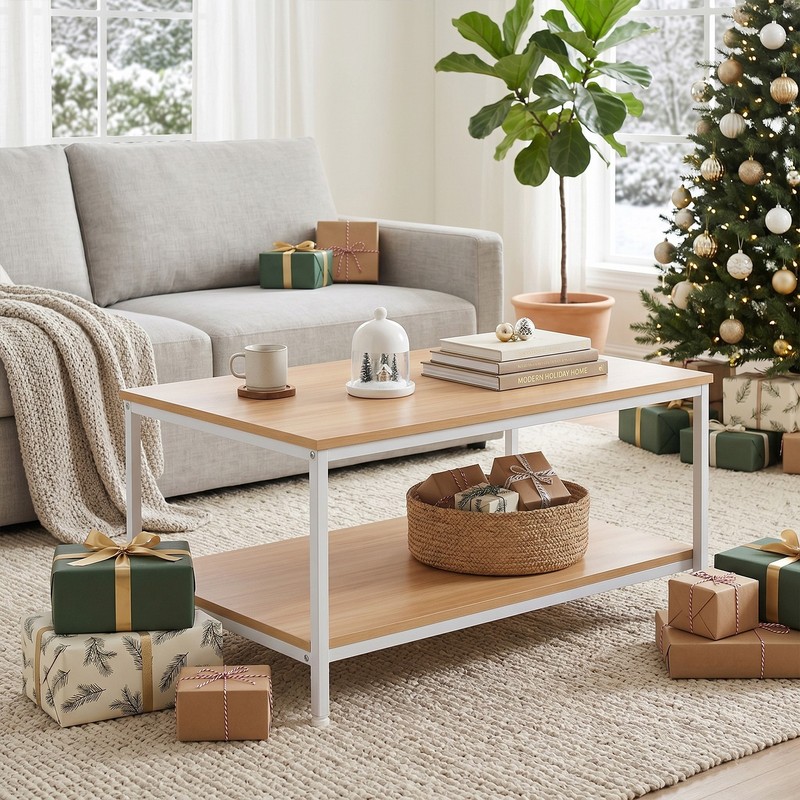 31" Coffee Table Shelf Storage Drawer Metal Feet Retro Style Natural Save Space gallery