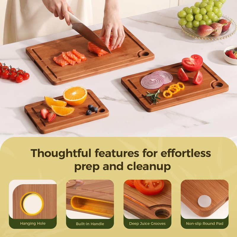 Bamboo Cutting Board for Kitchen – 3-Piece Wooden Boards with Juice Grooves, ... gallery