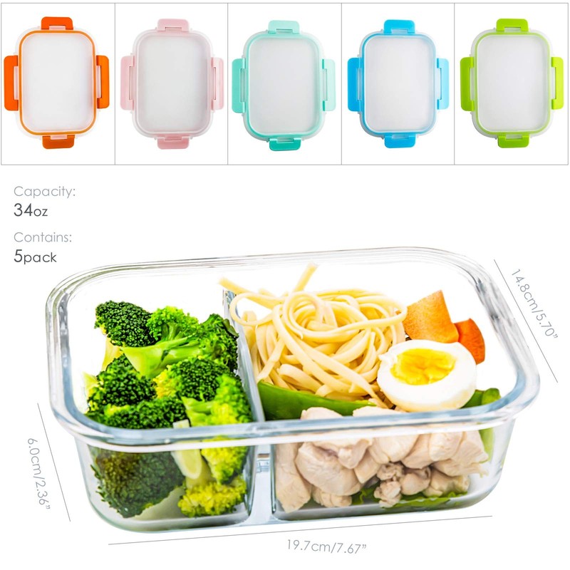CREST Glass Meal Prep Containers 2 Compartment Set, 5-Pack, 34oz,Divided Bent... gallery