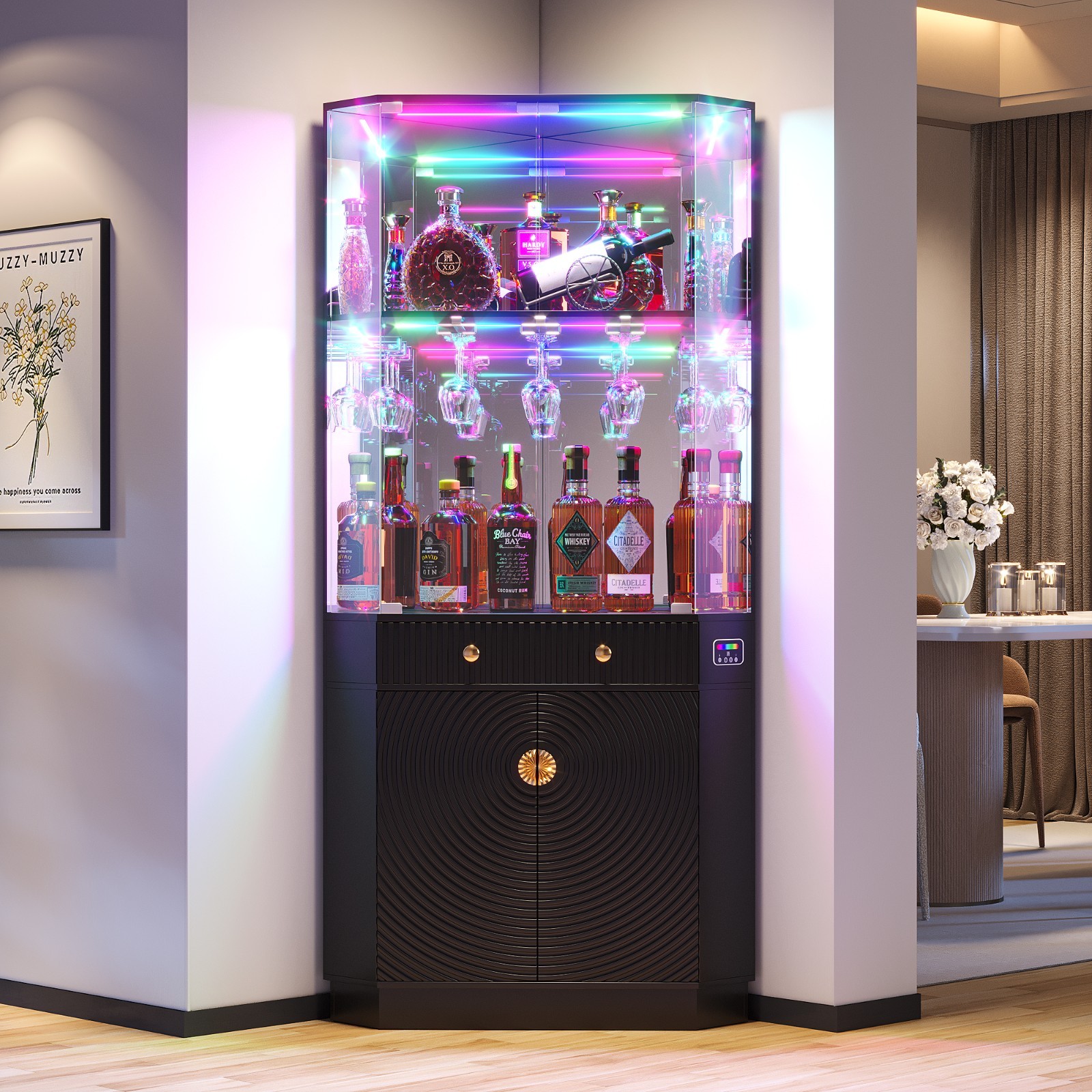 Corner Bar Cabinet with RGB Lights,Wine Cabinet Liquor Stand with Glass Holder gallery