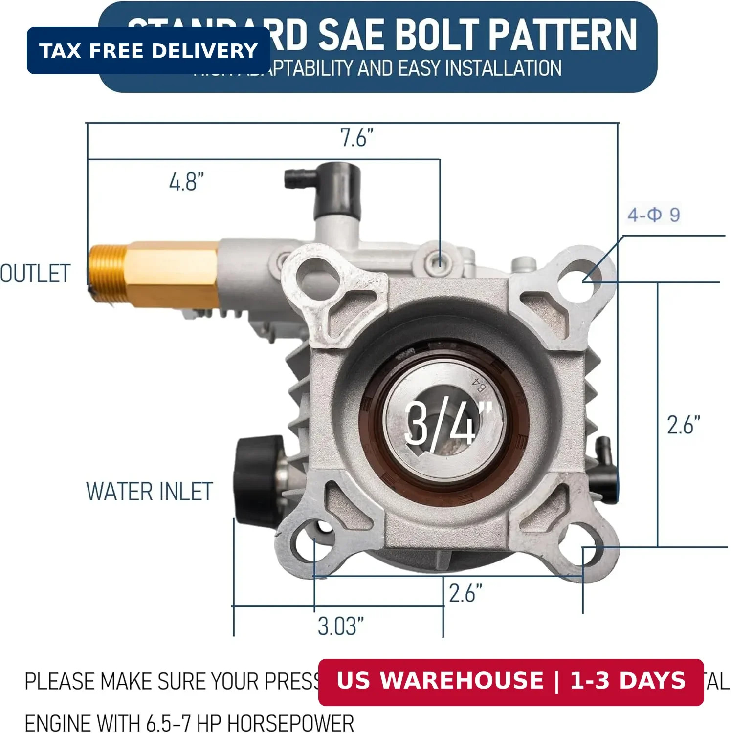 Hourleey 3/4" Shaft Horizontal Pressure Washer Pump, 3400PSI 2.5GPM, Replacement gallery