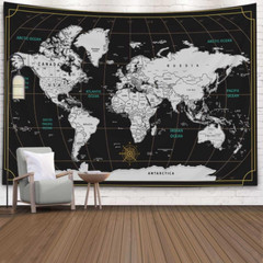 World Map Tapestry Wall Tapestry World 80″ L x 60″ W Black White 2